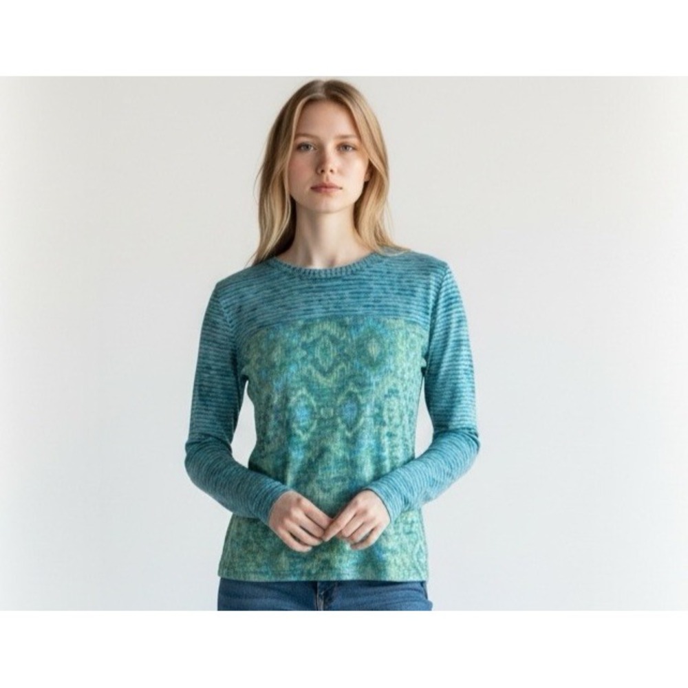 Prana Wome's L Burnout LS Tee Mixed Print Blue Green Ikat + Stripes EUC